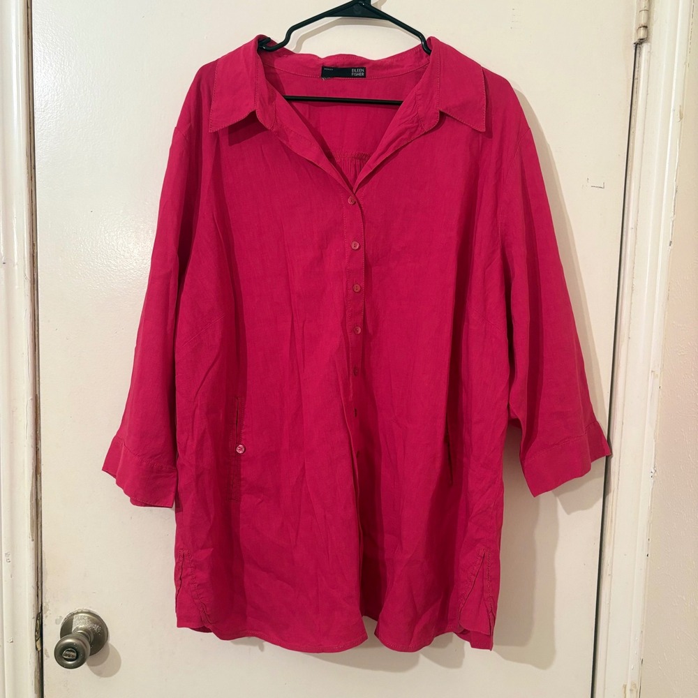 Eileen Fisher Magenta Pink Linen Blend Button Down Tunic Shirt Shacket 2X